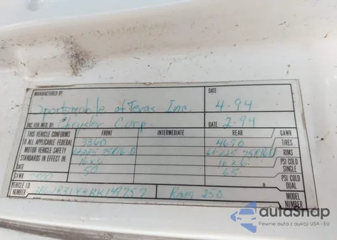 1994 Dodge Ram Van B350 from USA, damaged, VIN 2B6JB31Y4RK149757